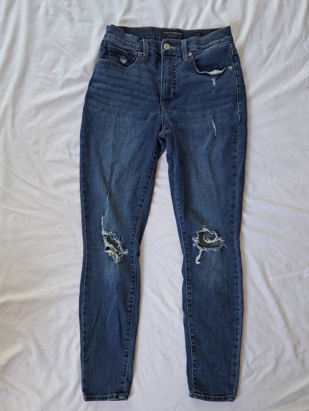 Lucky Brand Bridgette High Rise Skinny Jeans Dark Blue Indie Ripped Size 4 / 27